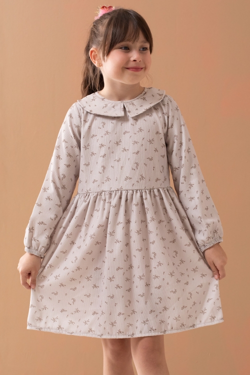 Bej Çiçek Desenli Süveterli Uzun Kol Kız Çocuk Elbise 19546