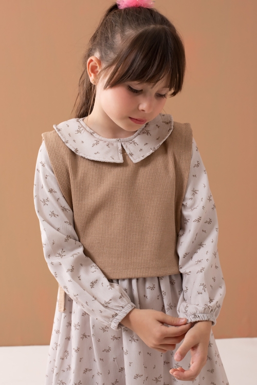 Bej Çiçek Desenli Süveterli Uzun Kol Kız Çocuk Elbise 19546