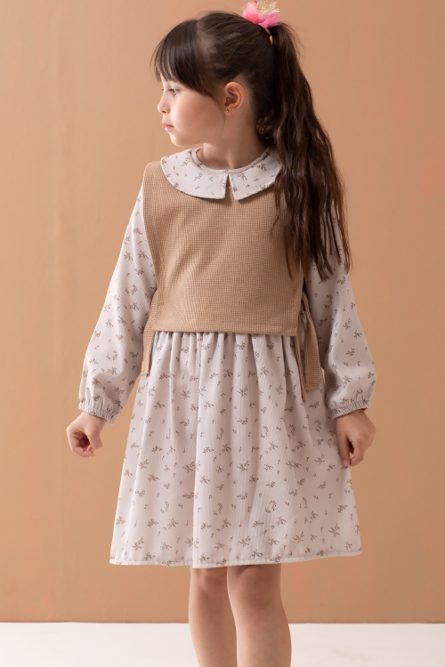 Bej Çiçek Desenli Süveterli Uzun Kol Kız Çocuk Elbise 19546