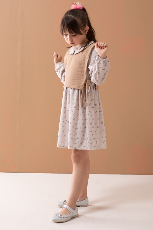 Bej Çiçek Desenli Süveterli Uzun Kol Kız Çocuk Elbise 19546