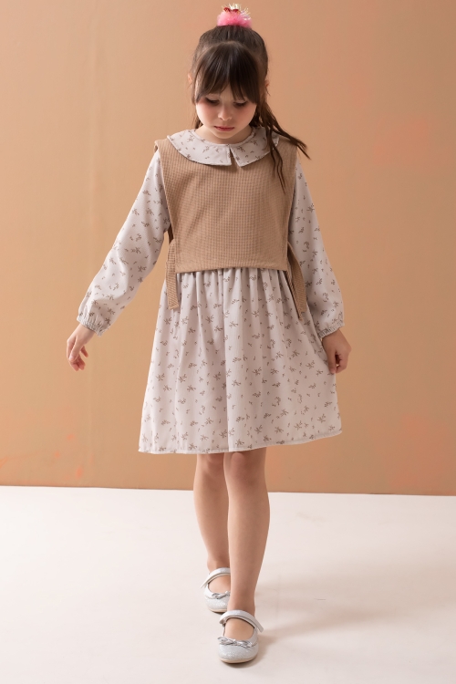 Bej Çiçek Desenli Süveterli Uzun Kol Kız Çocuk Elbise 19546