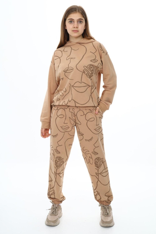 Bej Desenli Kapüşonlu Kız Çocuk Alt Üst Eşofman Takımı 19823