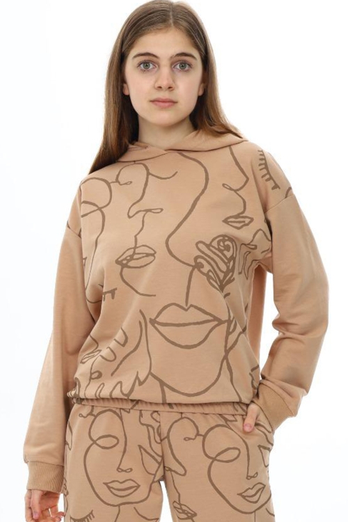 Bej Desenli Kapüşonlu Kız Çocuk Alt Üst Eşofman Takımı 19823