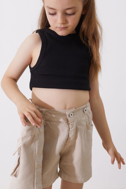Bej Düğmeli Cepli Kız Çocuk Jean Şort Etek