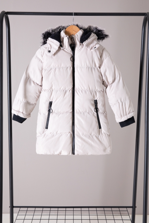 Bej Düz Desen Fermuar Cepli Kürklü Kız Çocuk Kapüşonlu Mont 19890