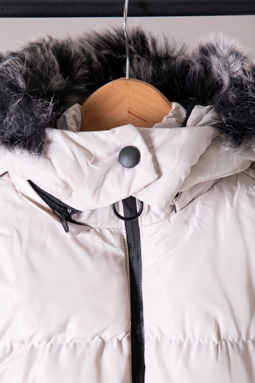 Bej Düz Desen Fermuar Cepli Kürklü Kız Çocuk Kapüşonlu Mont 19890