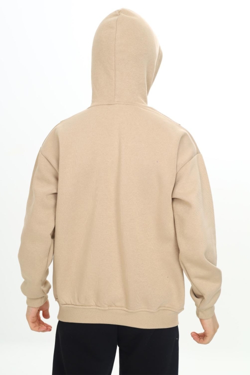 Bej Kabartmalı Yazılı Kapüşonlu Erkek Çocuk Sweatshirt 19305