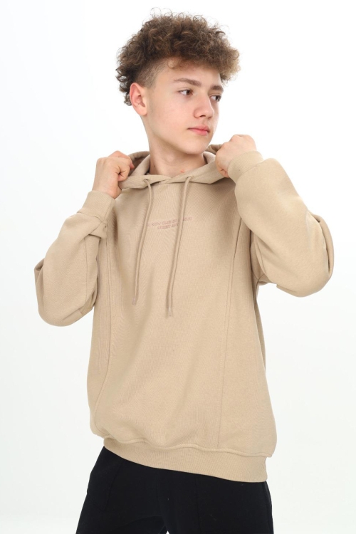 Bej Kabartmalı Yazılı Kapüşonlu Erkek Çocuk Sweatshirt 19305