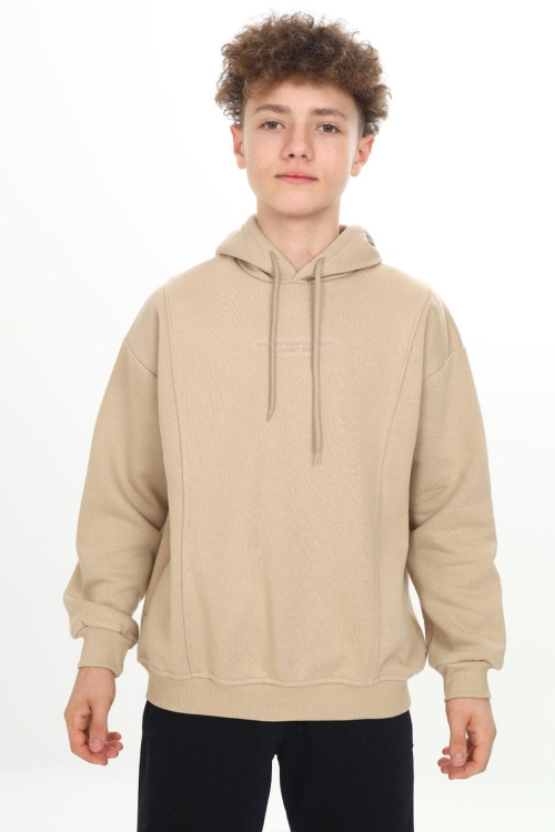 Bej Kabartmalı Yazılı Kapüşonlu Erkek Çocuk Sweatshirt 19305
