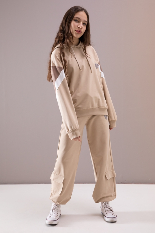 Bej Kargo Cepli Kız Çocuk Logolu İkili Takım 19868