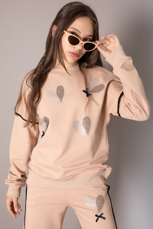 Bej Kız Çocuk Kalp Desenli 2li Takım 19849