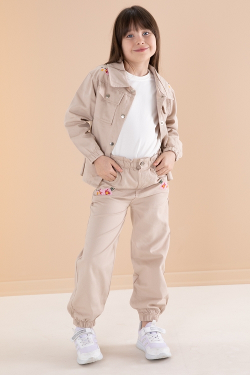Bej Nakış Detaylı Gömlekli Pantolonlu Kız Çocuk 3lü Takım 20159