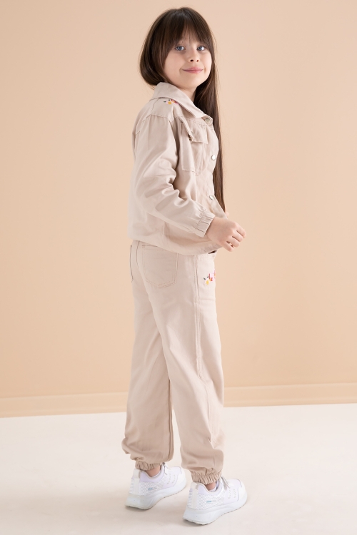 Bej Nakış Detaylı Gömlekli Pantolonlu Kız Çocuk 3lü Takım 20159