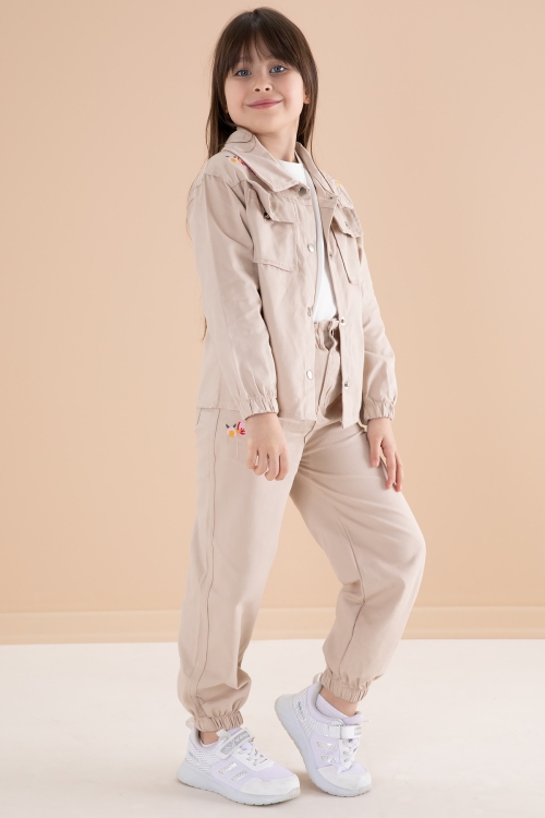 Bej Nakış Detaylı Gömlekli Pantolonlu Kız Çocuk 3lü Takım 20159