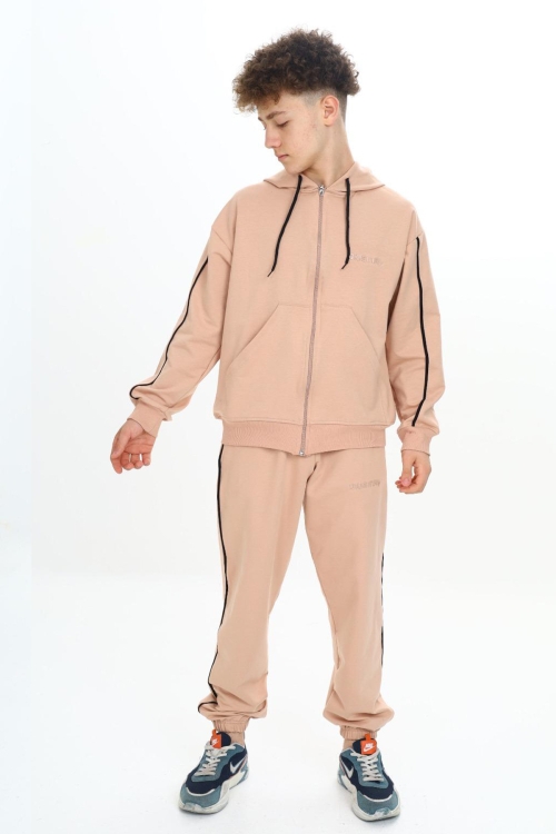 Bej Original Yazılı Hırkalı Erkek Çocuk Eşofman Takımı 19485