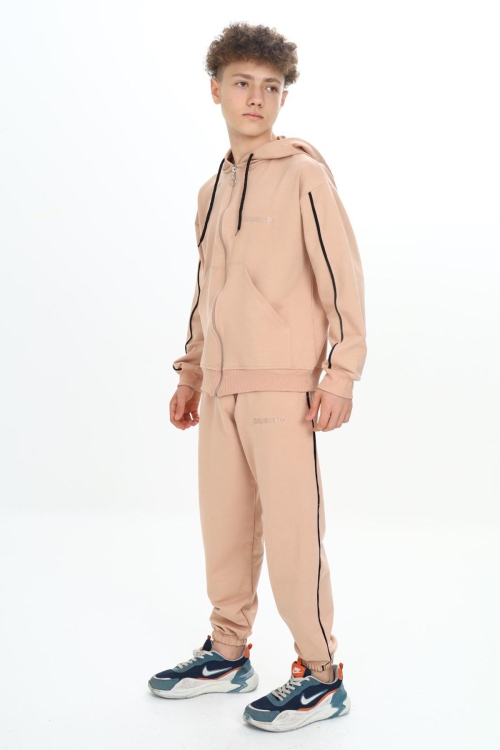 Bej Original Yazılı Hırkalı Erkek Çocuk Eşofman Takımı 19485