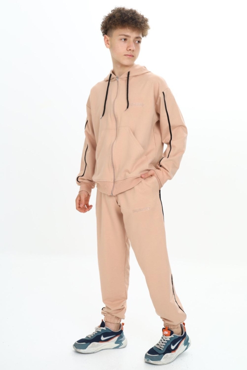 Bej Original Yazılı Hırkalı Erkek Çocuk Eşofman Takımı 19485