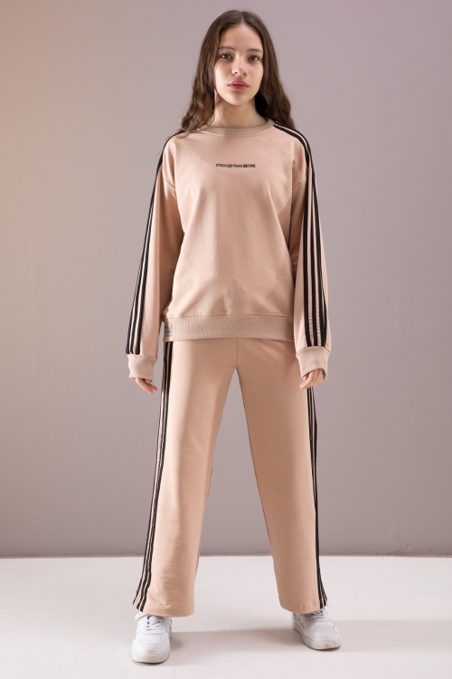 Bej Yanları Şeritli Geniş Paça Kız Eşofman Takımı 19874