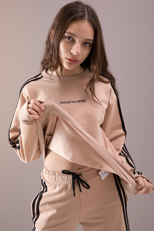 Bej Yanları Şeritli Geniş Paça Kız Eşofman Takımı 19874