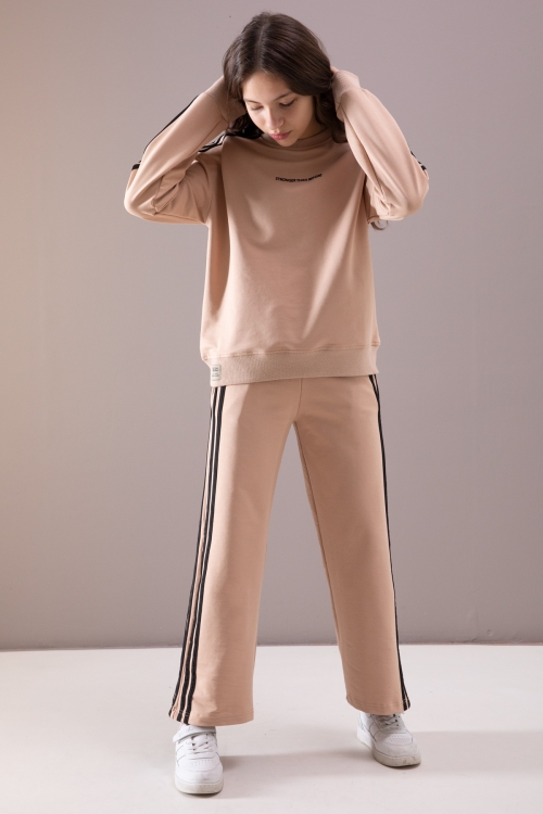 Bej Yanları Şeritli Geniş Paça Kız Eşofman Takımı 19874
