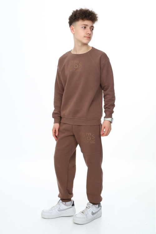 Kahve  Yazı Baskılı Bisiklet Yaka Erkek Çocuk Şardonlu Eşofman Takımı 19349