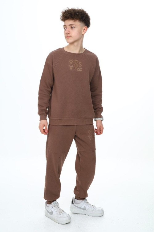 Kahve  Yazı Baskılı Bisiklet Yaka Erkek Çocuk Şardonlu Eşofman Takımı 19349