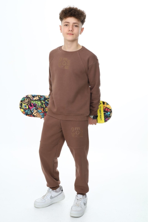 Kahve  Yazı Baskılı Bisiklet Yaka Erkek Çocuk Şardonlu Eşofman Takımı 19349