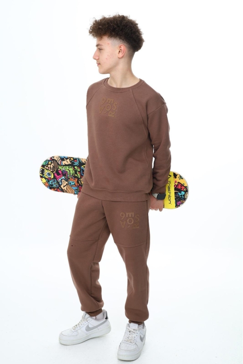 Kahve  Yazı Baskılı Bisiklet Yaka Erkek Çocuk Şardonlu Eşofman Takımı 19349