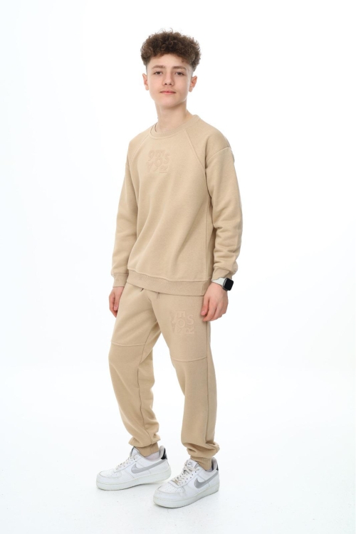 Bej Yazı Baskılı Bisiklet Yaka Erkek Çocuk Şardonlu Eşofman Takımı 19347