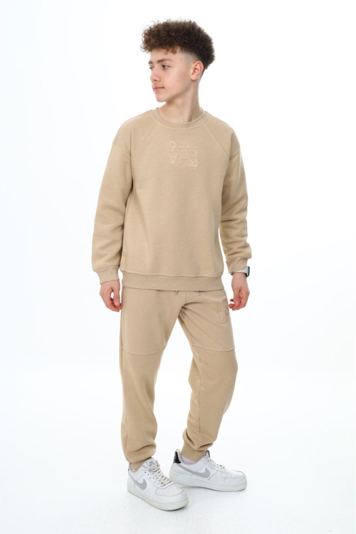 Bej Yazı Baskılı Bisiklet Yaka Erkek Çocuk Şardonlu Eşofman Takımı 19347