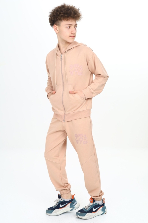 Bej Yazı Baskılı Kapüşonlu Hırkalı Erkek Çocuk Eşofman Takımı 19225