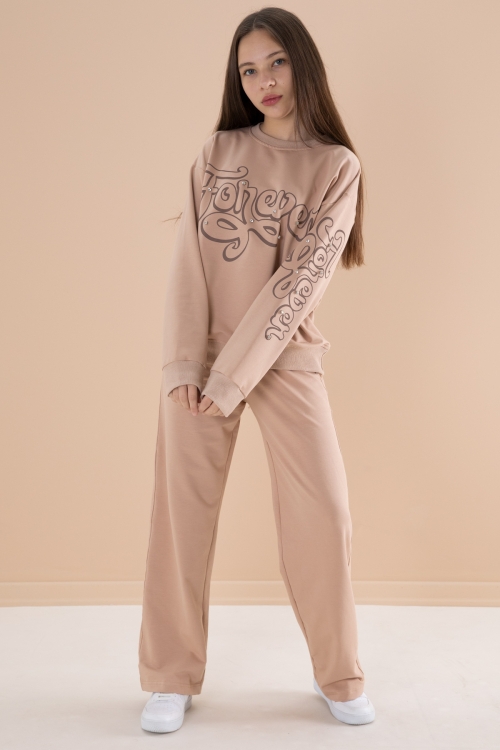 Bej Yazı Baskılı Kız Beli Lastikli Eşofman Takımı 19896