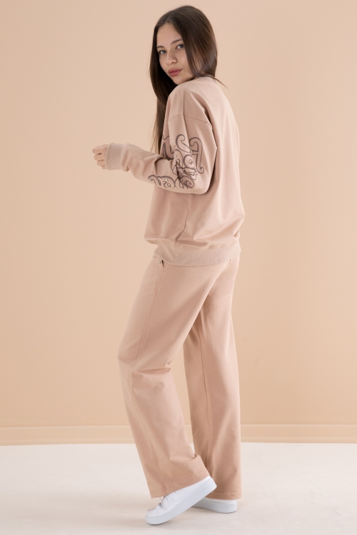 Bej Yazı Baskılı Kız Beli Lastikli Eşofman Takımı 19896