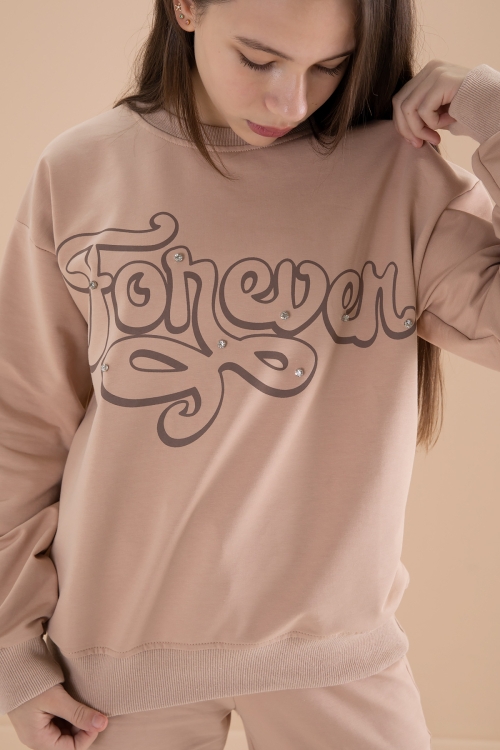 Bej Yazı Baskılı Kız Beli Lastikli Eşofman Takımı 19896