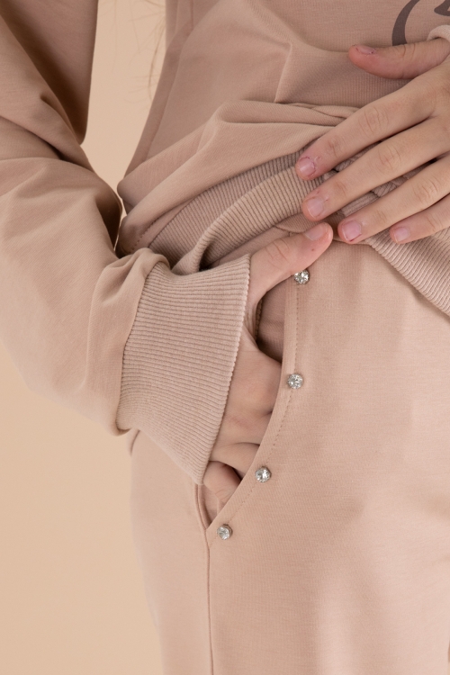 Bej Yazı Baskılı Kız Beli Lastikli Eşofman Takımı 19896