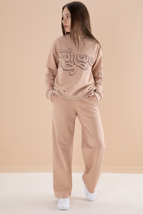 Bej Yazı Baskılı Kız Beli Lastikli Eşofman Takımı 19896