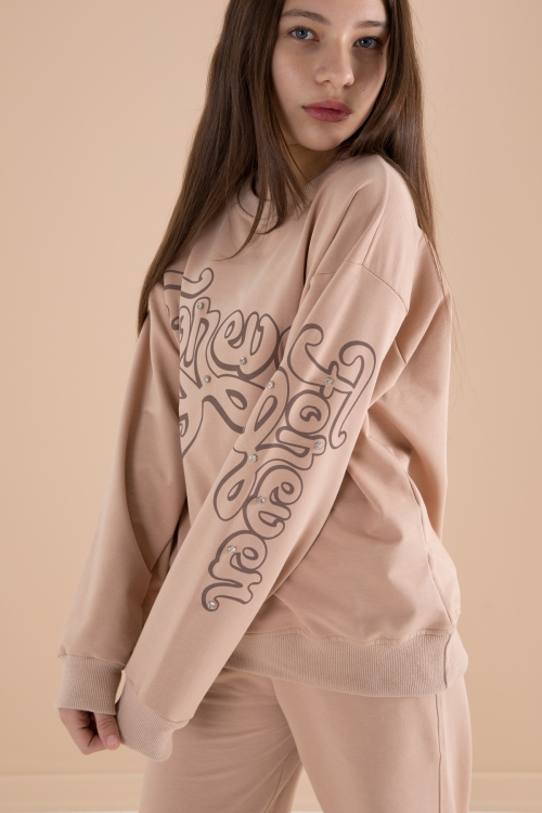 Bej Yazı Baskılı Kız Beli Lastikli Eşofman Takımı 19896