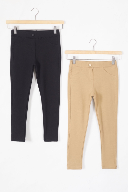 Beli Lastikli Kız Çocuk Cepli 2li Basic Tayt Siyah-Krem