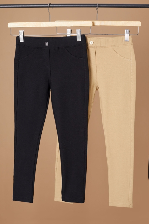 Beli Lastikli Kız Çocuk Cepli 2li Basic Tayt Siyah-Krem