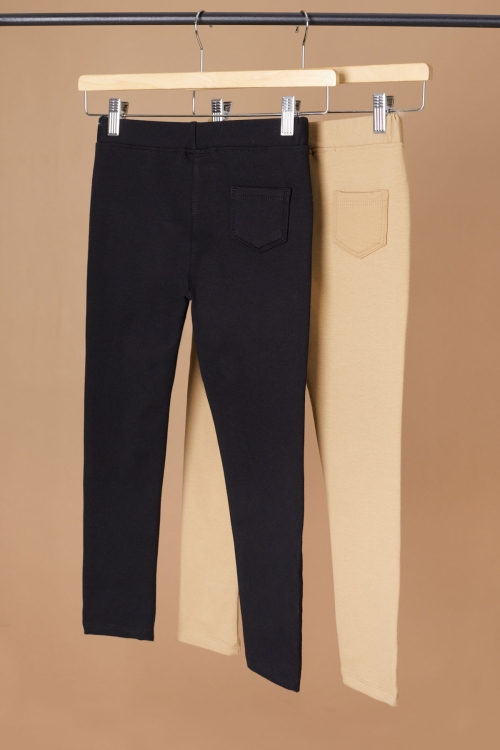 Beli Lastikli Kız Çocuk Cepli 2li Basic Tayt Siyah-Krem