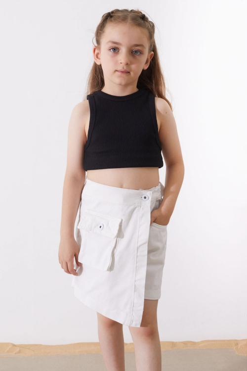 Beyaz Düğmeli Cepli Kız Çocuk Jean Şort Etek