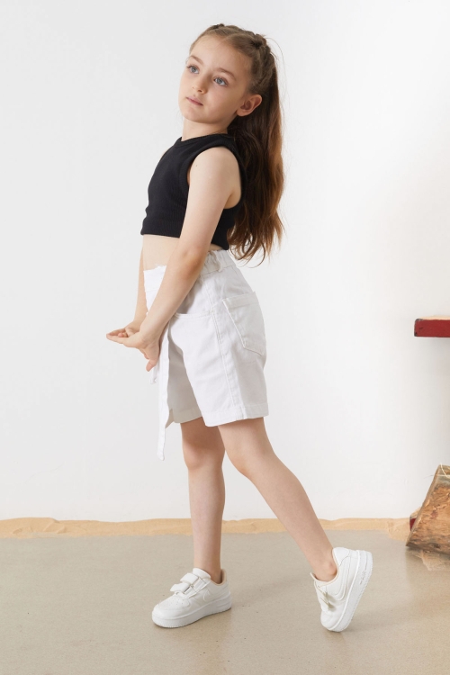 Beyaz Düğmeli Cepli Kız Çocuk Jean Şort Etek