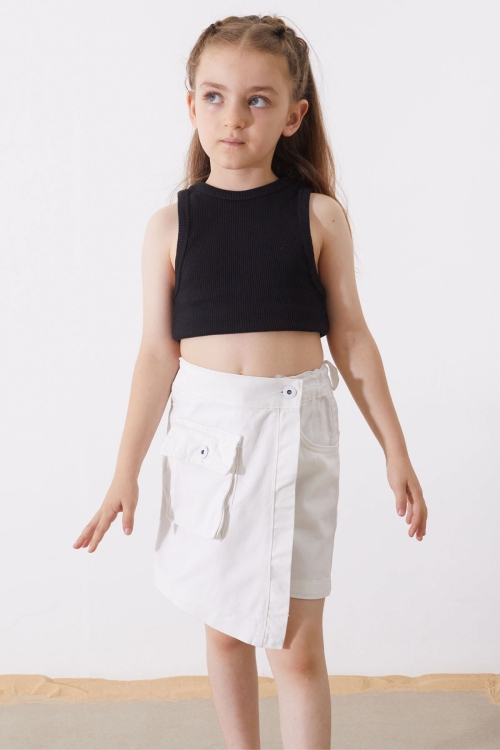 Beyaz Düğmeli Cepli Kız Çocuk Jean Şort Etek