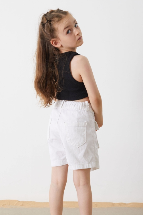 Beyaz Düğmeli Cepli Kız Çocuk Jean Şort Etek