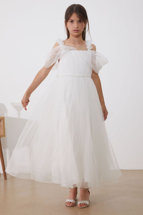 Kız Çocuk İnci Taşlı Şeritli Tüllü Askılı Abiye Elbise 19516