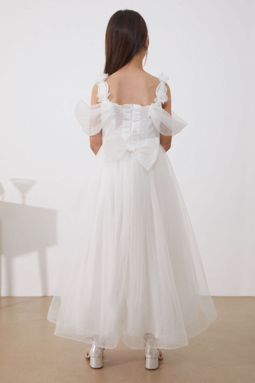 Kız Çocuk İnci Taşlı Şeritli Tüllü Askılı Abiye Elbise 19516