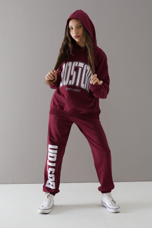 Bordo Boston Yazılı Kapüşonlu Kız Çocuk Eşofman Takımı 19759