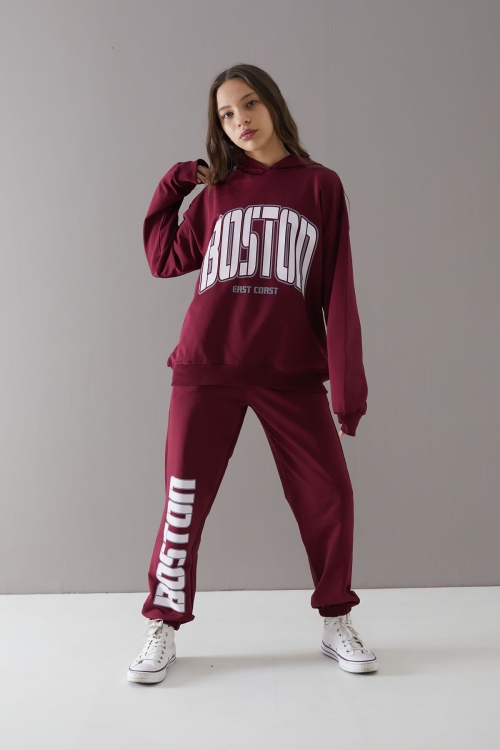 Bordo Boston Yazılı Kapüşonlu Kız Çocuk Eşofman Takımı 19759