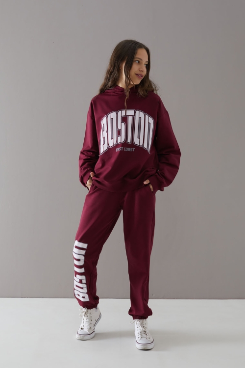 Bordo Boston Yazılı Kapüşonlu Kız Çocuk Eşofman Takımı 19759