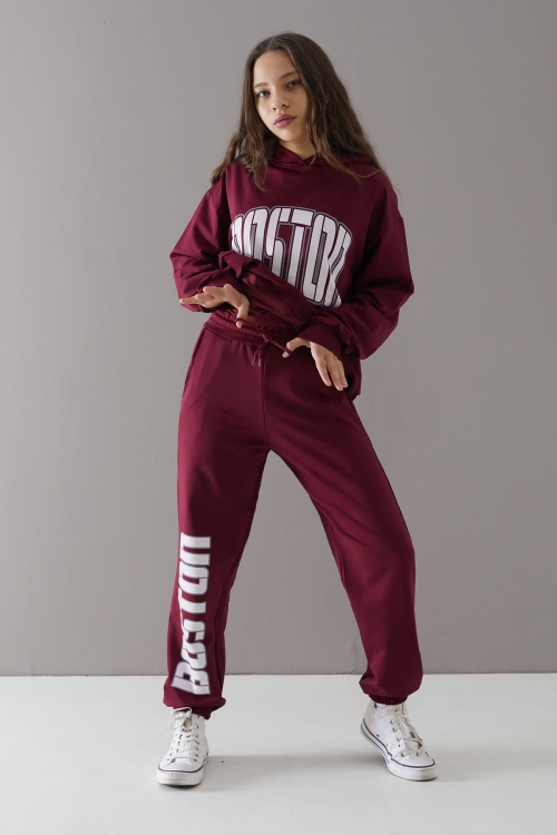 Bordo Boston Yazılı Kapüşonlu Kız Çocuk Eşofman Takımı 19759